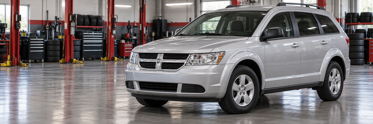 Dodge Journey SE 2009 con su frente original dentro de un taller de llantas y aros
