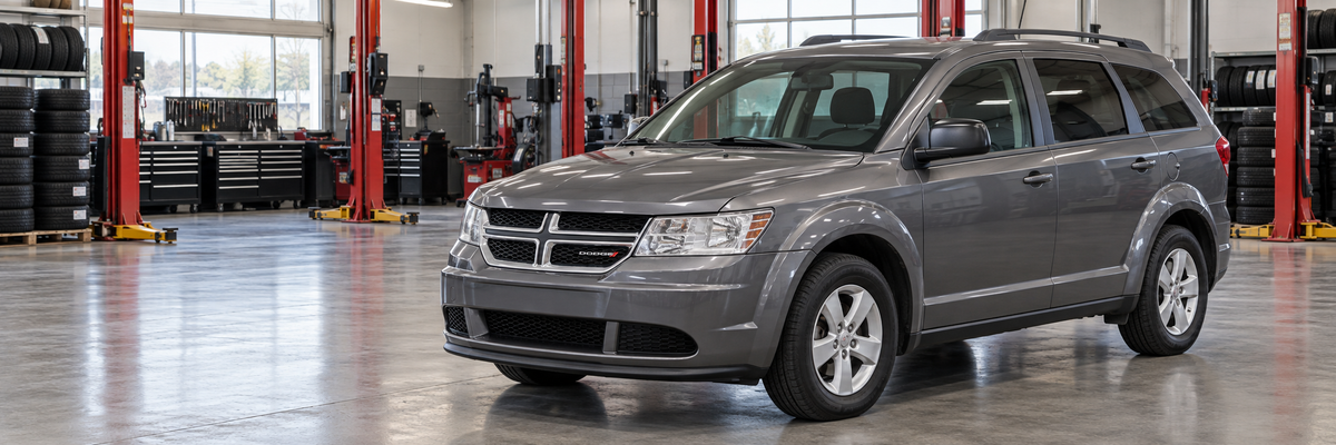 Dodge Journey 2.4L modelo renovado 2012-2019 dentro de un taller de llantas y aros