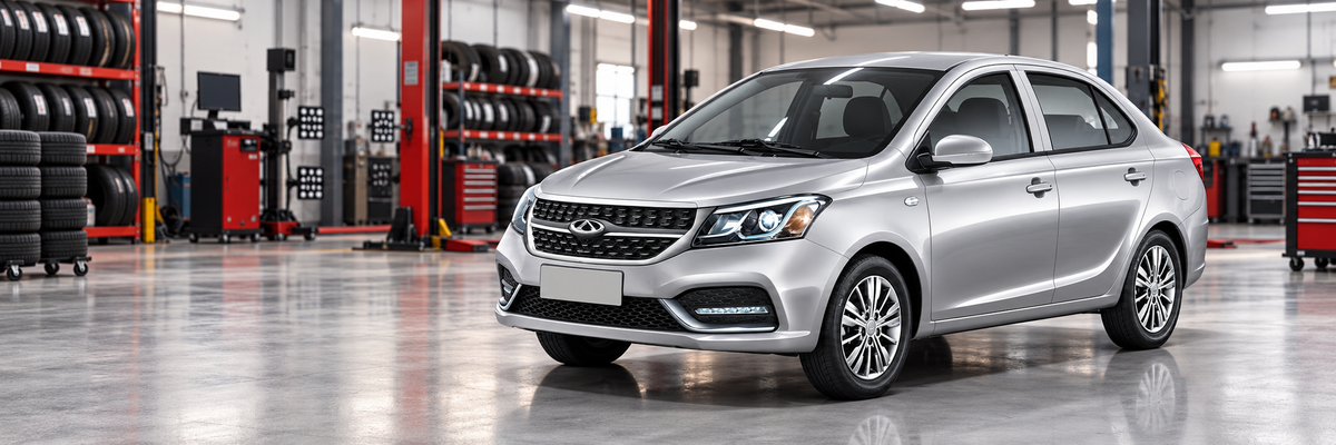 Chery Arrizo 3 1.5 sedán dentro de un taller de llantas y aros