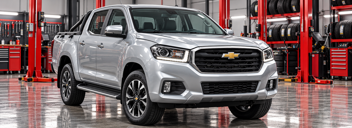 Chevrolet D-Max Premier 2.0L doble cabina 4x4 2026 en un taller de llantas