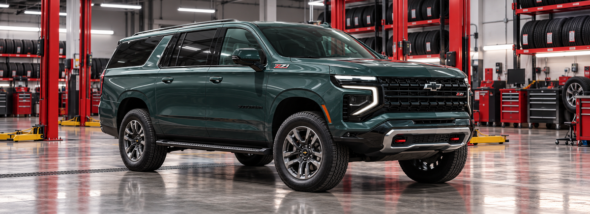Chevrolet Suburban Z71 5.3L 2025-2026 en un taller de llantas