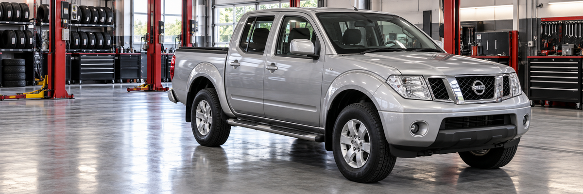 Nissan Navara D40 doble cabina 2010-2012 en un taller de llantas y aros