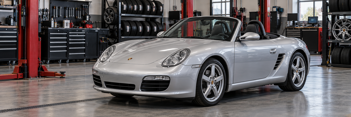 Porsche Boxster 987 convertible dentro de un taller de llantas y aros