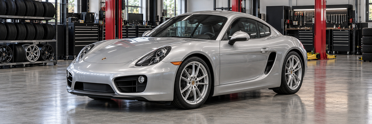 Porsche Cayman 981 de techo fijo dentro de un taller