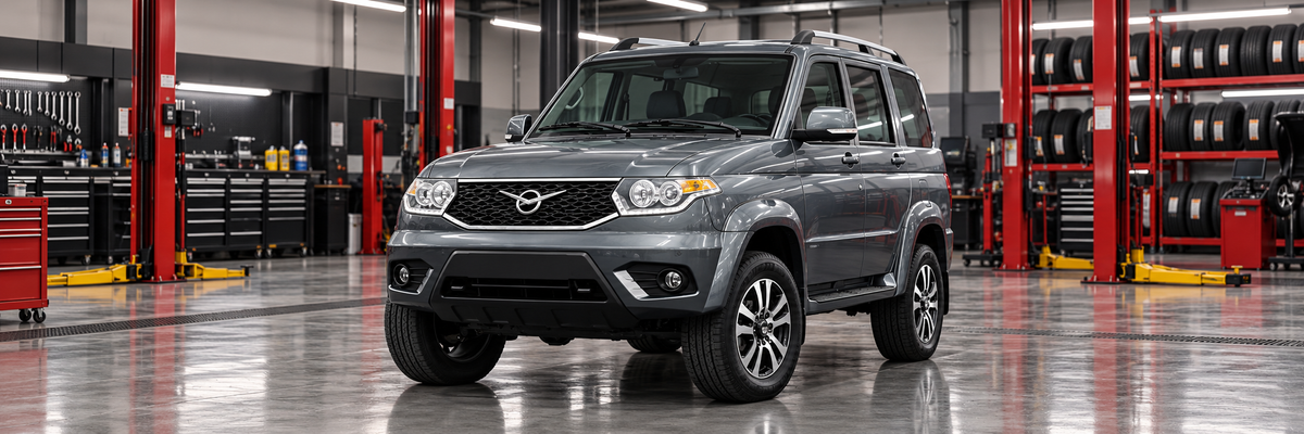 UAZ Patriot 2017-2021 gris, SUV de cinco puertas, dentro de un taller de llantas.