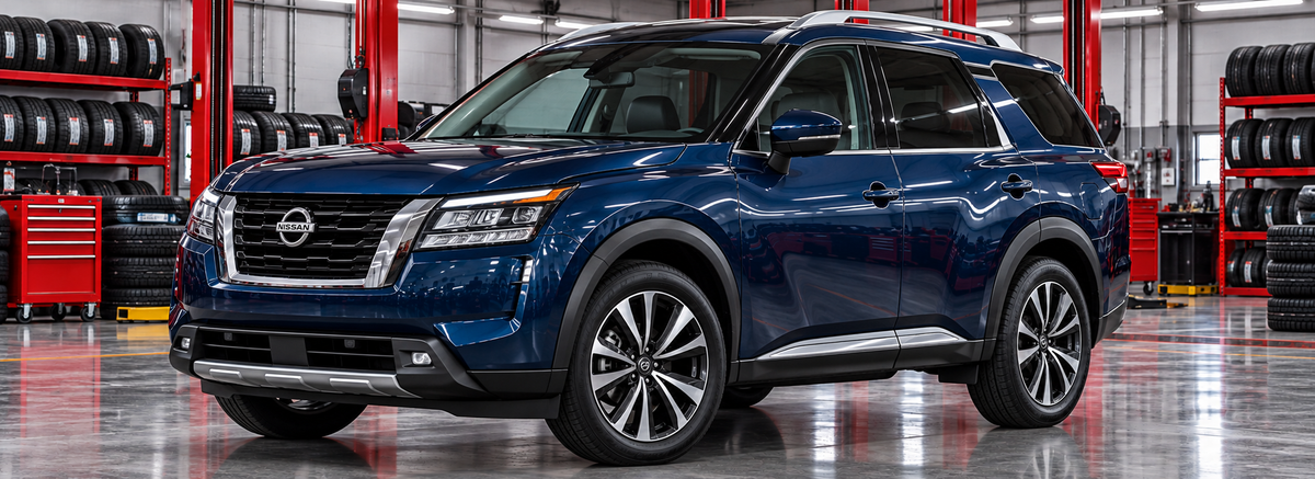 Nissan Pathfinder V R53 3.5L AWD 2022 en un taller de llantas