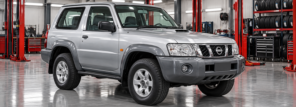 Nissan Patrol Y61 3.0 TD tres puertas 2000-2001 en un taller de llantas