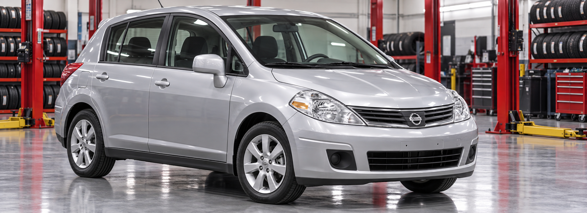 Nissan Tiida C11 hatchback 1.6L y 1.8L 2007-2010 en un taller de llantas