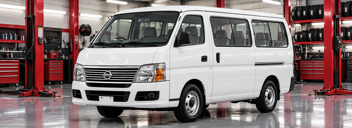 Nissan Urvan E25 2.5L 15 pasajeros 2008-2011 en un taller de llantas