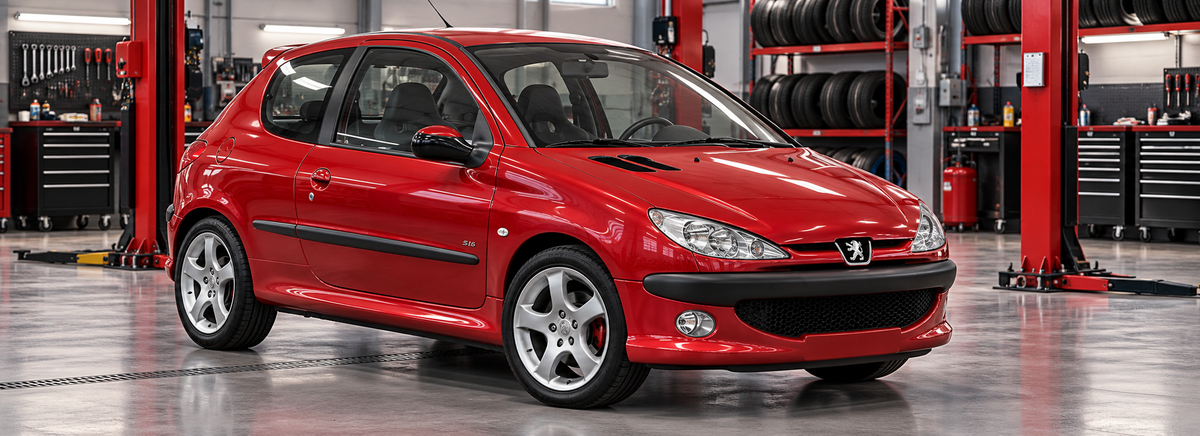 Peugeot 206 S16 2.0L 2004-2007 en un taller de llantas