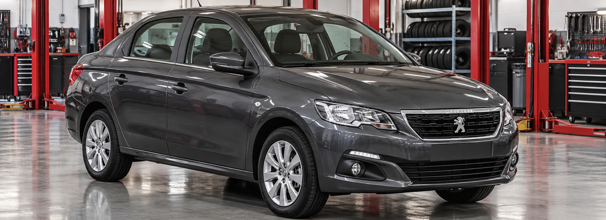 Peugeot 301 1.6L 2017-2024 en un taller de llantas