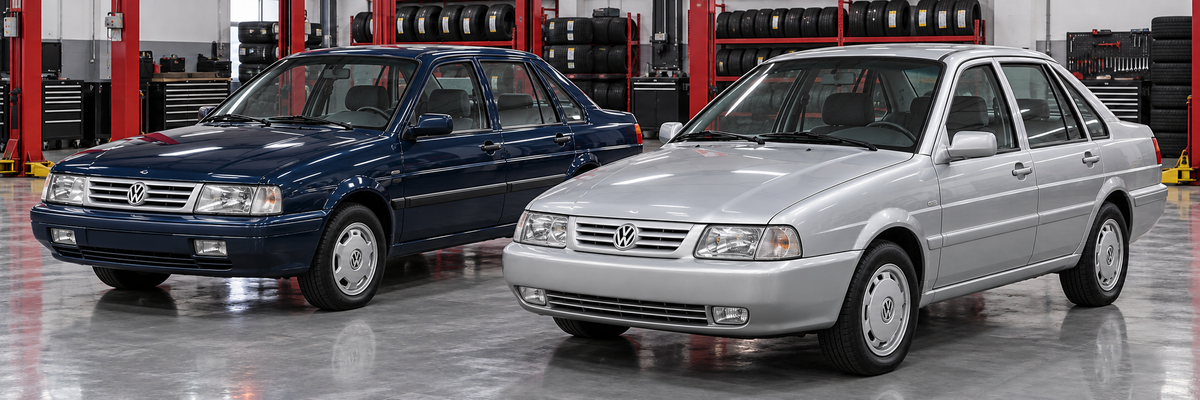 Volkswagen Santana GLS 1995 y 2005 en un taller de llantas