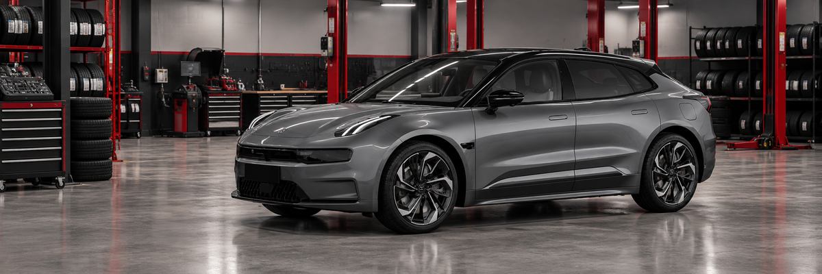 Zeekr 001 AWD gris, de primera generación, dentro de un taller de llantas.