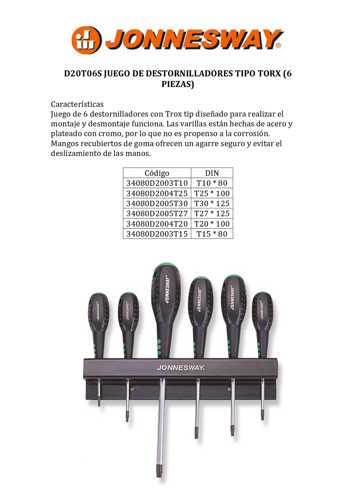 JONNESWAY® JUEGO DE DESTORNILLADORES TIPO TORX (6 PIEZAS)