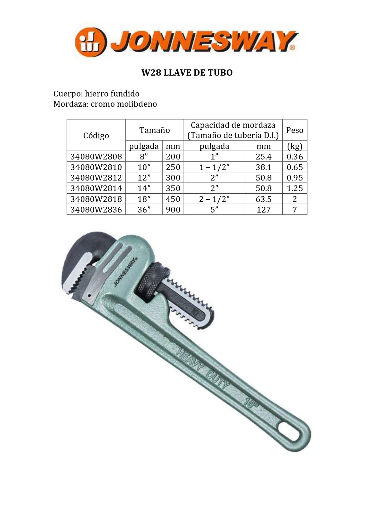 JONNESWAY® LLAVE DE TUBO AJUSTABLE (GRIFA) 10" (250MM)