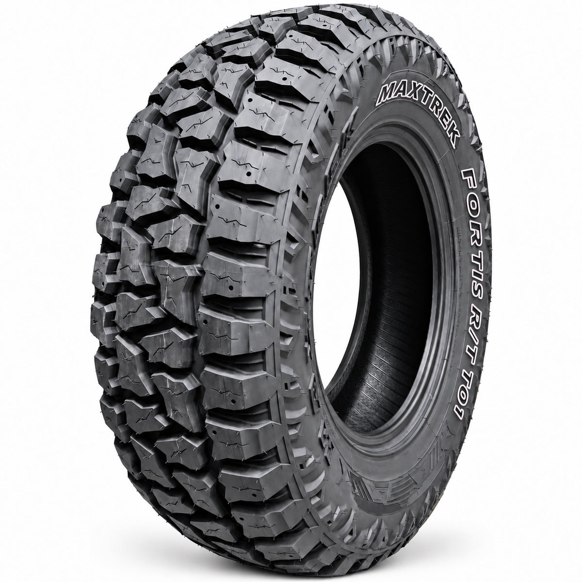 MAXTREK FORTIS R/T T01 sin aro — vista diagonal, letras blancas