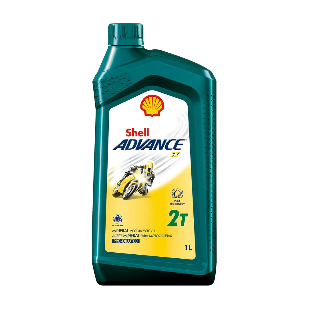 Imagen de Shell ADVANCE SX2 PREDL, comercializado en caja de 6 × 1 L. Mantallanta, Ecuador.