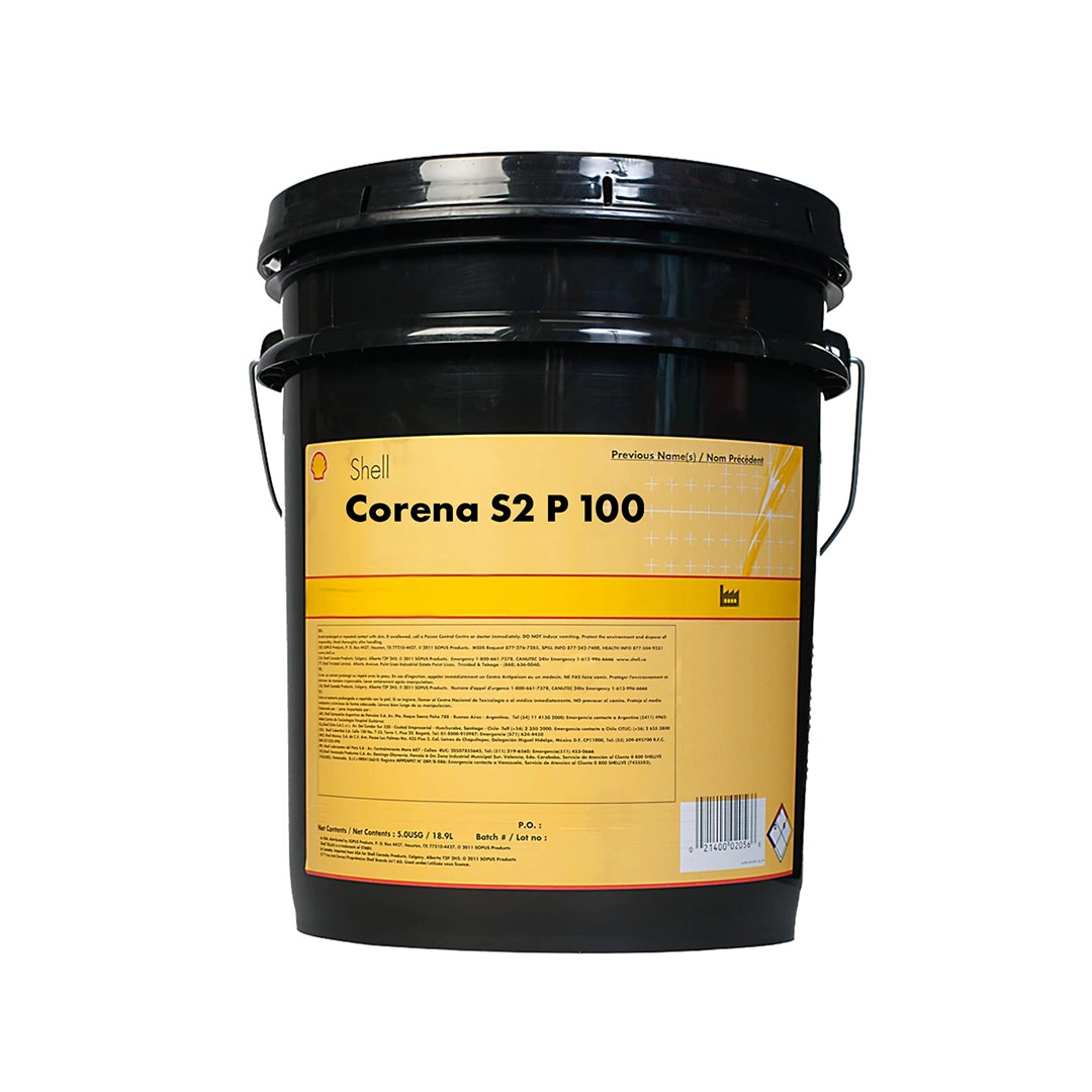 Imagen de Shell CORENA S2 P 100, comercializado en caneca de 5 UGL. Mantallanta, Ecuador.