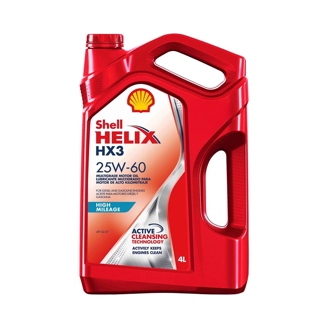 Imagen de Shell HELIX HX3 HM 25W60 SL, comercializado en caja de 3 × 4 L. Mantallanta, Ecuador.
