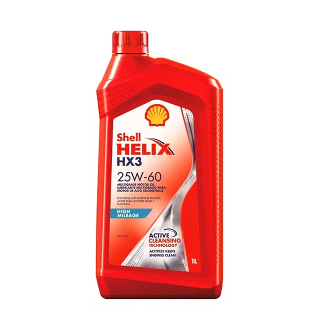 Imagen de Shell HELIX HX3 HM 25W60 SL, comercializado en caja de 6 × 1 L. Mantallanta, Ecuador.