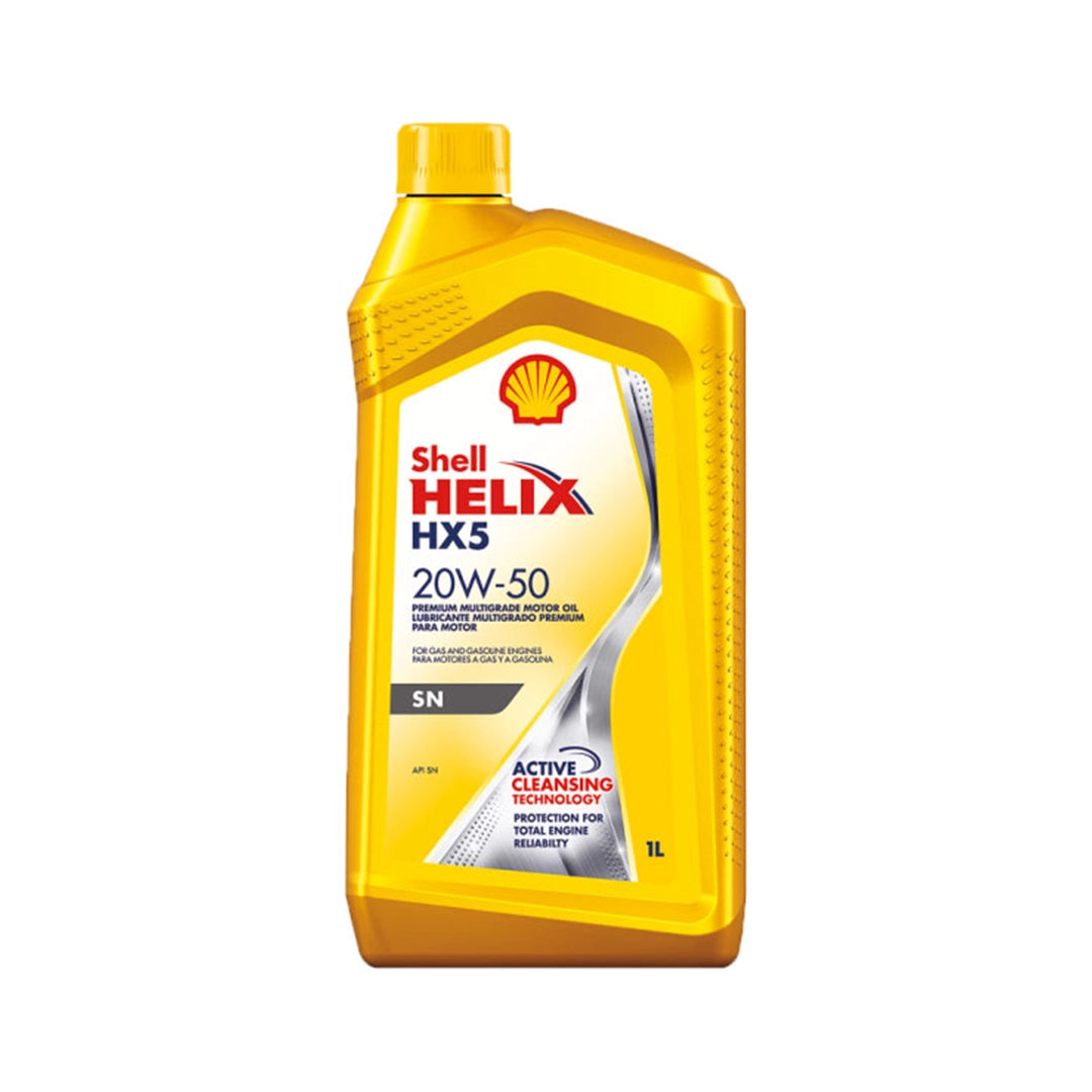 Imagen de Shell HELIX HX5 20W50 SN, comercializado en caja de 6 × 1 L. Mantallanta, Ecuador.