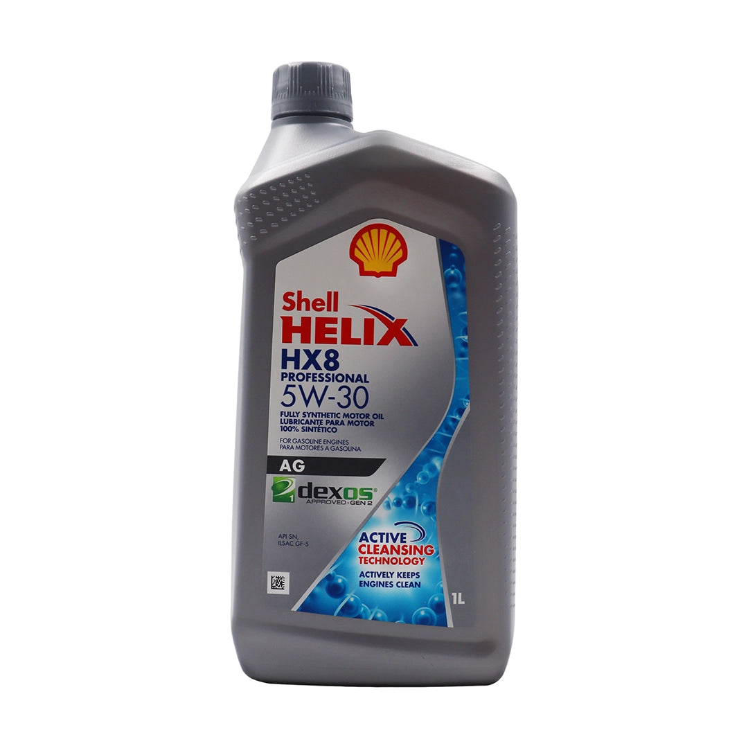 Imagen de Shell HELIX HX8 PROFESSIONAL AG 5W30 DEX 1, comercializado en caja de 6 × 1 L. Mantallanta, Ecuador.