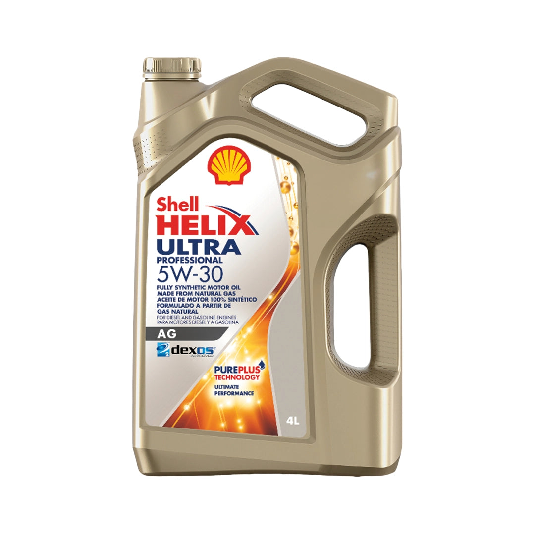 Imagen de Shell HELIX ULTRA PROFESSIONAL AG 5W30, comercializado en caja de 3 × 4 L. Mantallanta, Ecuador.