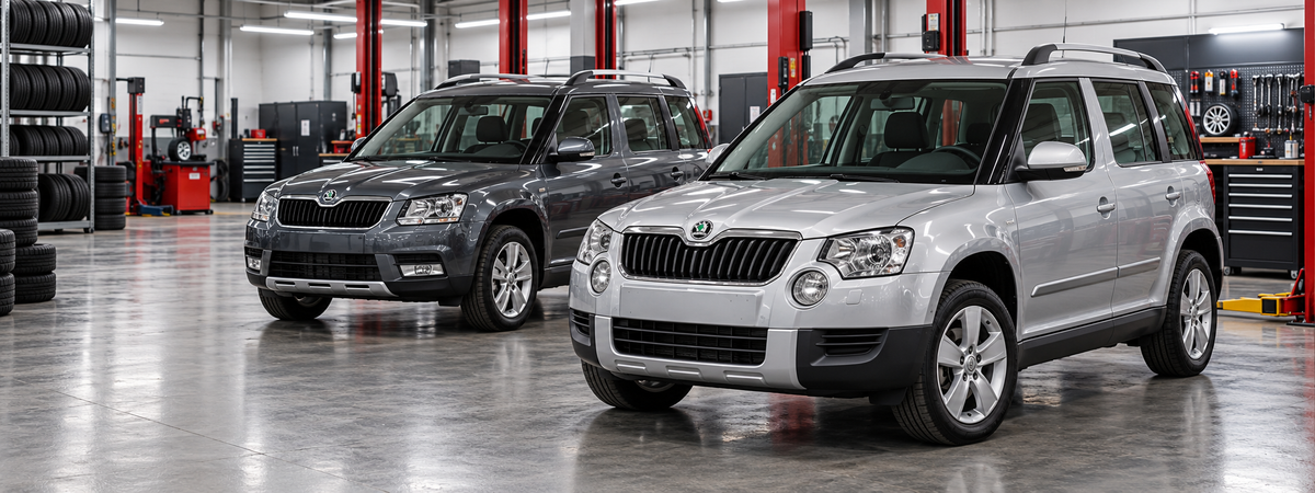 Škoda Yeti 5L anterior y posterior al rediseño, en taller de neumáticos