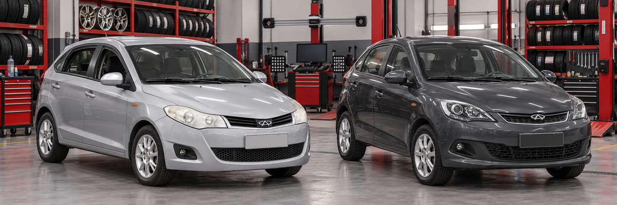 Chery Fulwin hatchback antes y después de actualización dentro de un taller