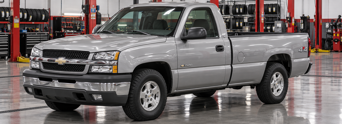 Chevrolet Silverado 5.3L cabina simple 4x4 2002-2006 en un taller de llantas