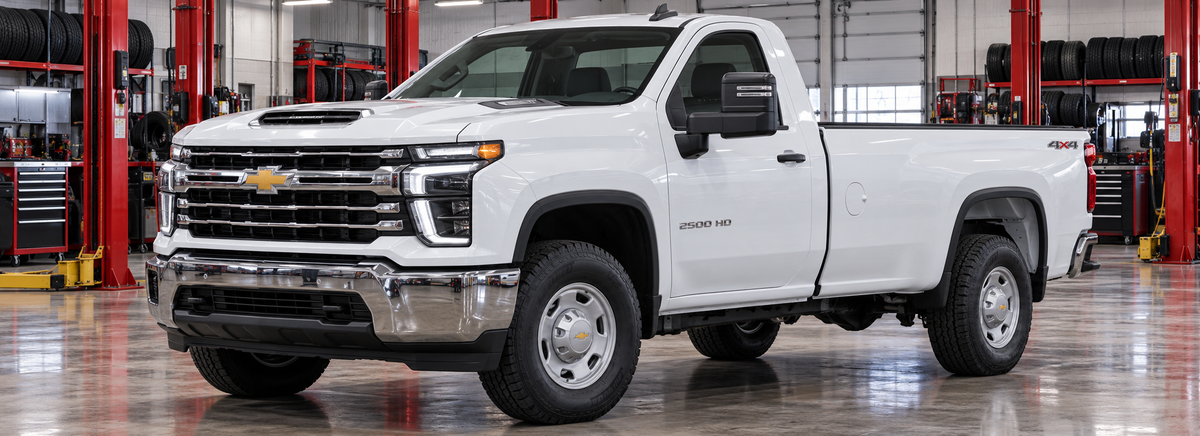Chevrolet Silverado 2500 HD LT 6.6L cabina simple 4x4 2024 en un taller de llantas