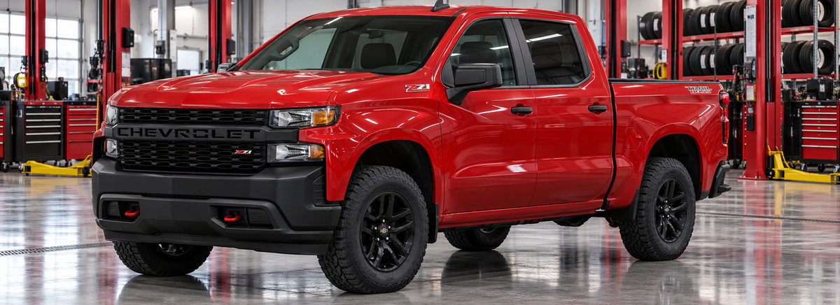 Chevrolet Silverado Custom Trail Boss 5.3L 4x4 2022 en un taller de llantas