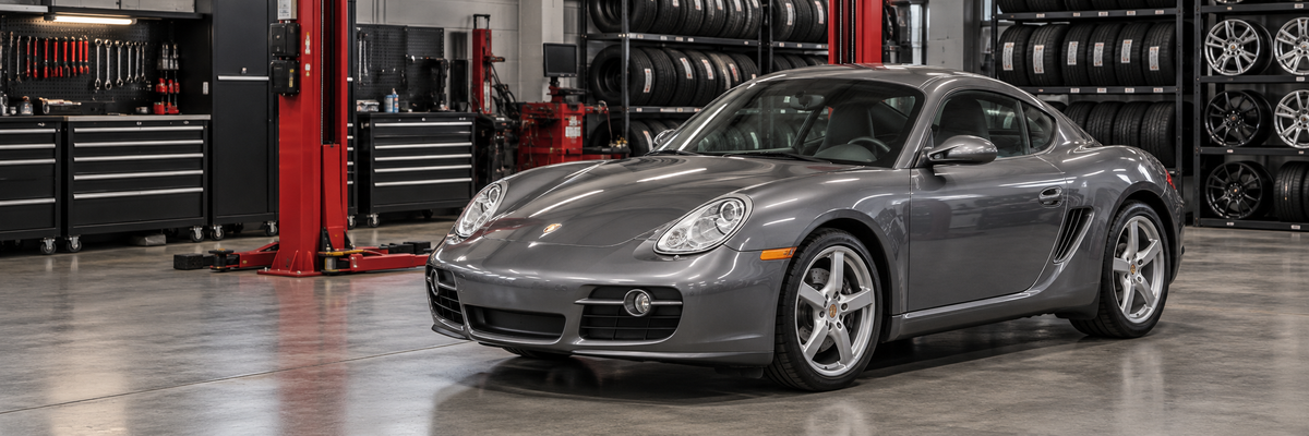 Porsche Cayman 987 de techo fijo dentro de un taller