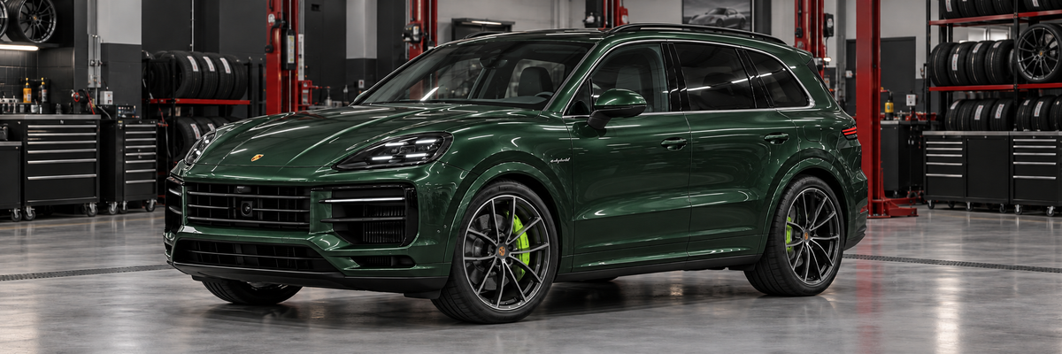 Porsche Cayenne E-Hybrid SUV renovado 2024-2026 dentro de un taller