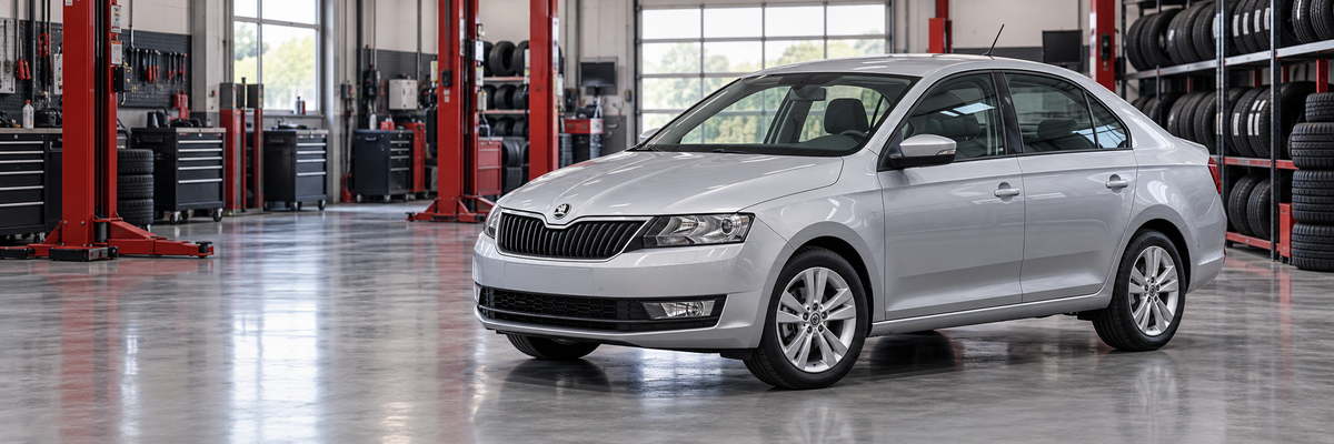 Skoda Rapid 1.6L 2015-2020, carrocería larga sedán/liftback, en un taller de llantas y aros