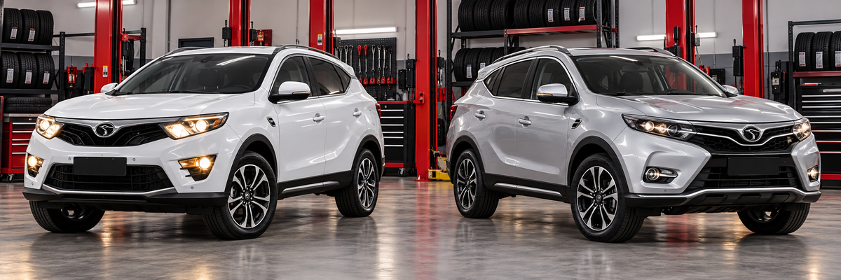 Soueast DX7 y DX7 Prime 2017-2023, ambas carrocerías dentro de un taller de llantas y aros