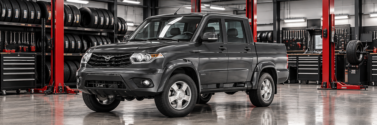 UAZ Pick Up 2017-2020 gris, doble cabina con cajón de carga, dentro de un taller de llantas.