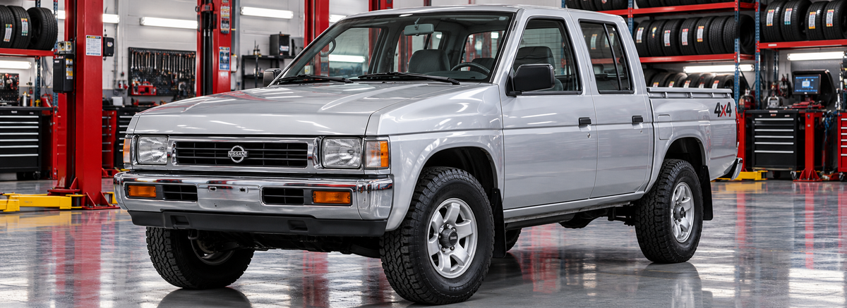 Nissan 2400 D21 2.4L doble cabina 4x4 1994-2004 en un taller de llantas