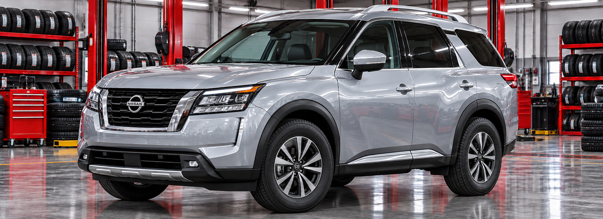 Nissan Pathfinder V R53 Advance 3.5L AWD 2023-2024 en un taller de llantas