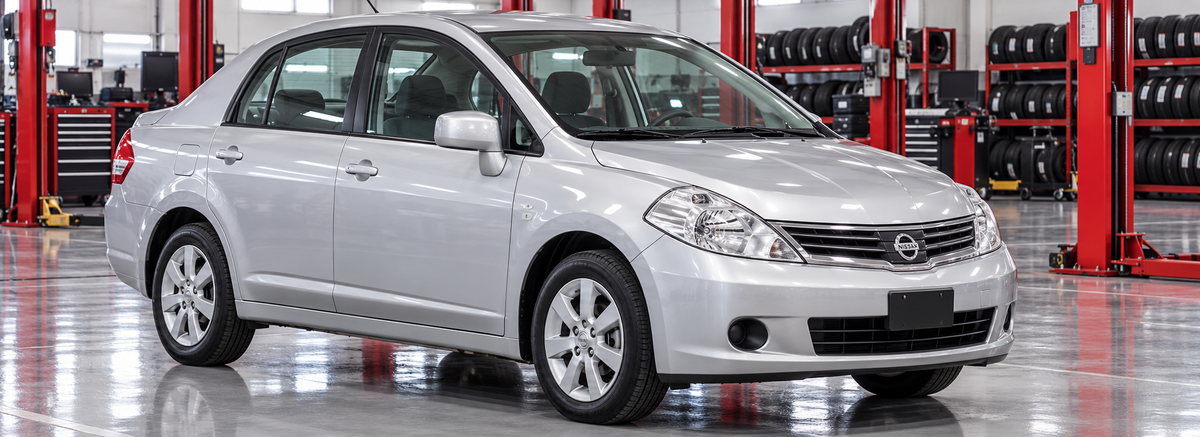 Nissan Tiida C11 sedán 1.6L y 1.8L 2007-2014 en un taller de llantas