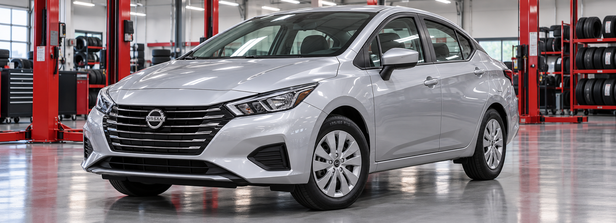 Nissan Versa N18 Sense 1.6L MT 2025 en un taller de llantas