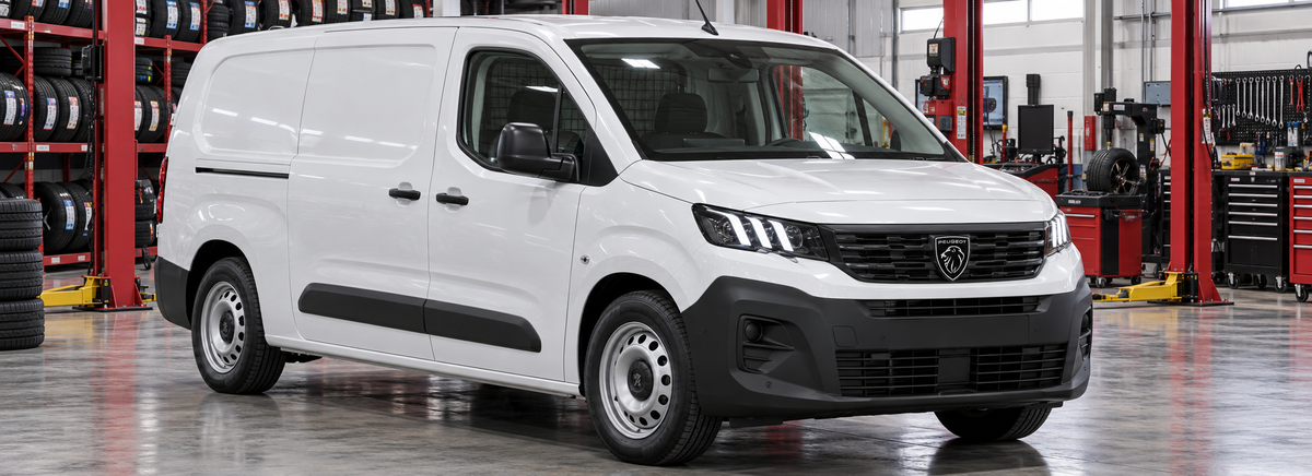 Peugeot Partner III K9 MCA Long 1.6 HDi 2025-2026 en un taller de llantas