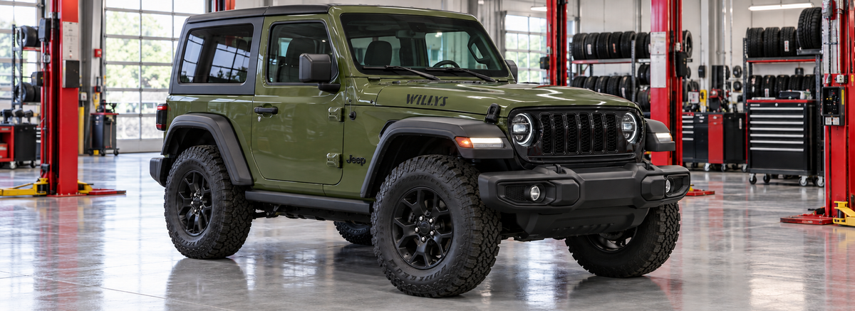 Jeep Wrangler JL Willys 3.6L 2024 en un taller de llantas