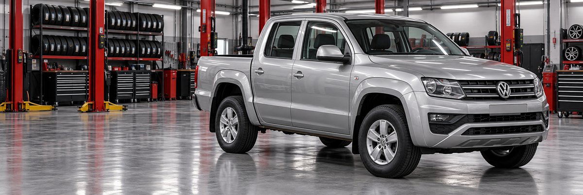 Volkswagen Amarok de primera generación, doble cabina, en un taller de llantas