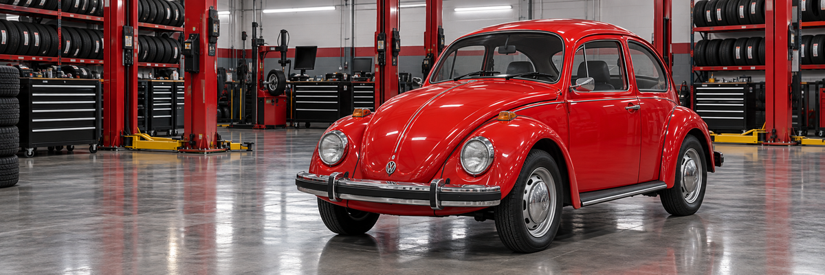 Volkswagen Sedán mexicano clásico Type 1 en taller de llantas