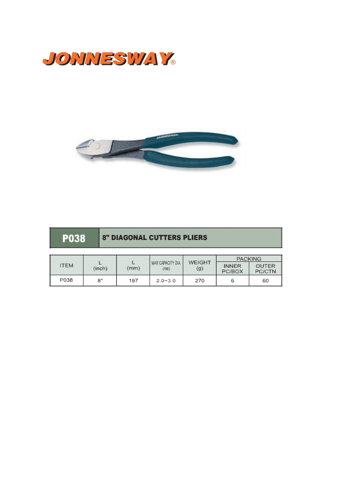 JONNESWAY® DIAGONAL CUTTING PLIERS 8" (197MM)
