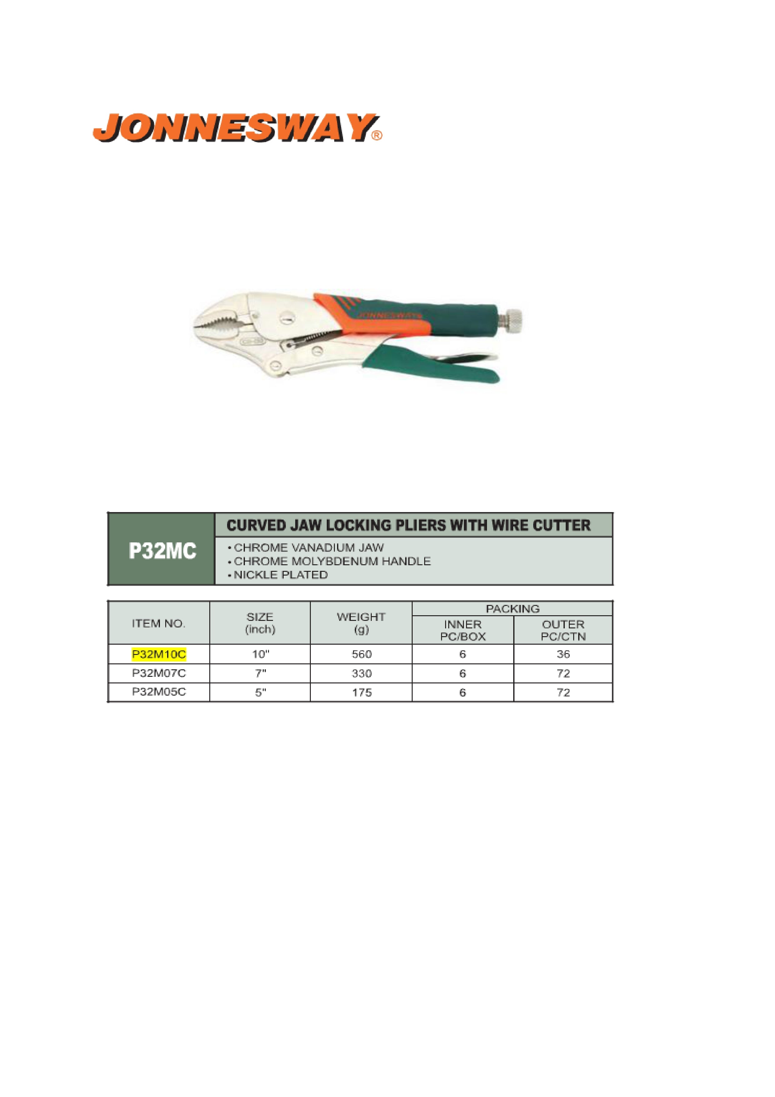 JONNESWAY® ALICATE DE PRESIÓN-BLOQUEO 10" (MORDAZA CURVADA CON CORTALAMBRE)