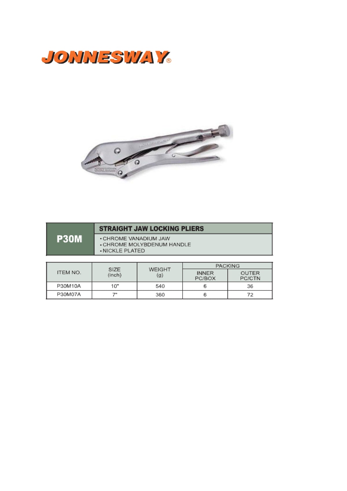 JONNESWAY® 10" LOCKING PLIERS (STRAIGHT JAW)