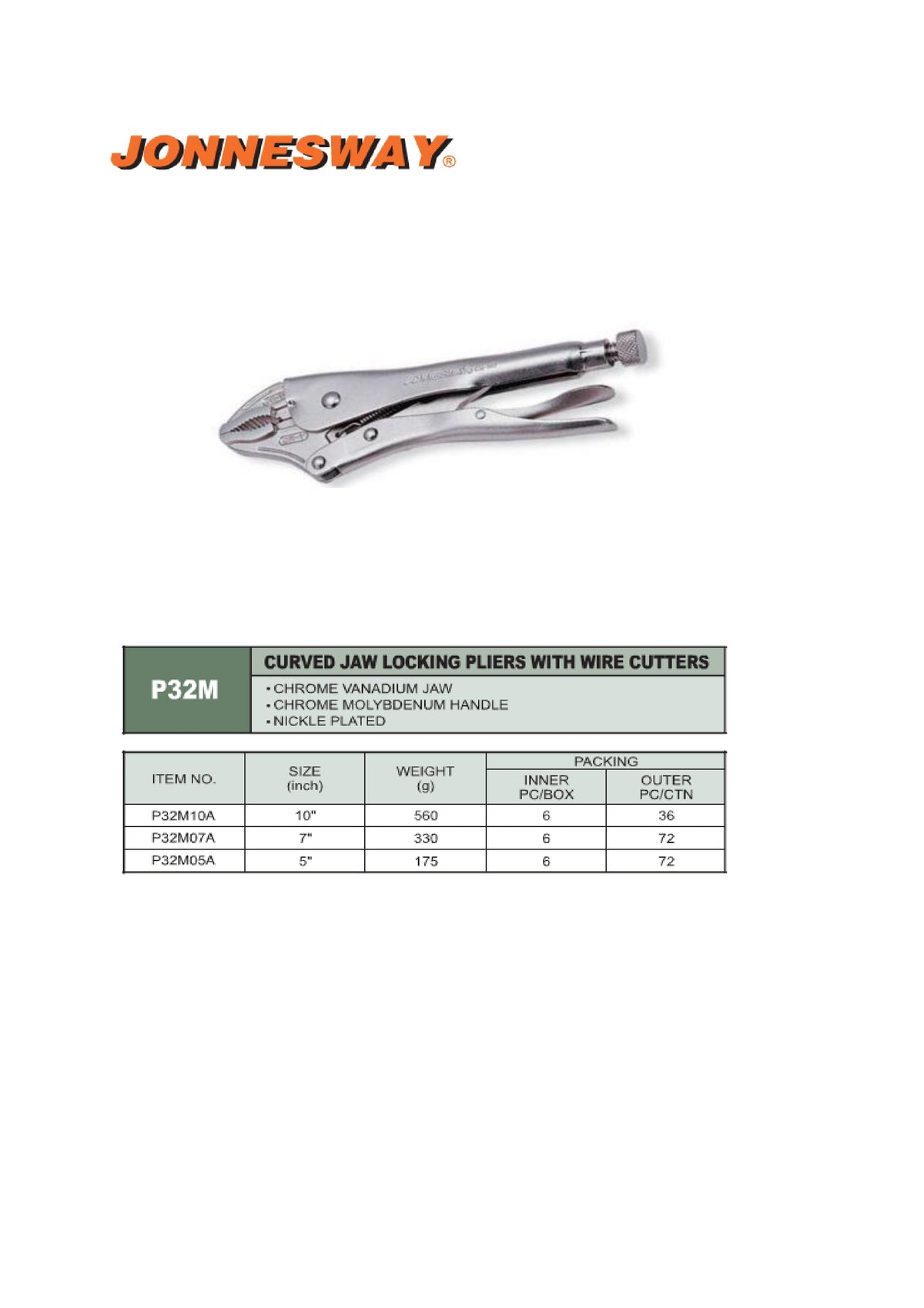 JONNESWAY® 7" LOCKING PLIERS (CURVED JAW WITH WIRE CUTTER)