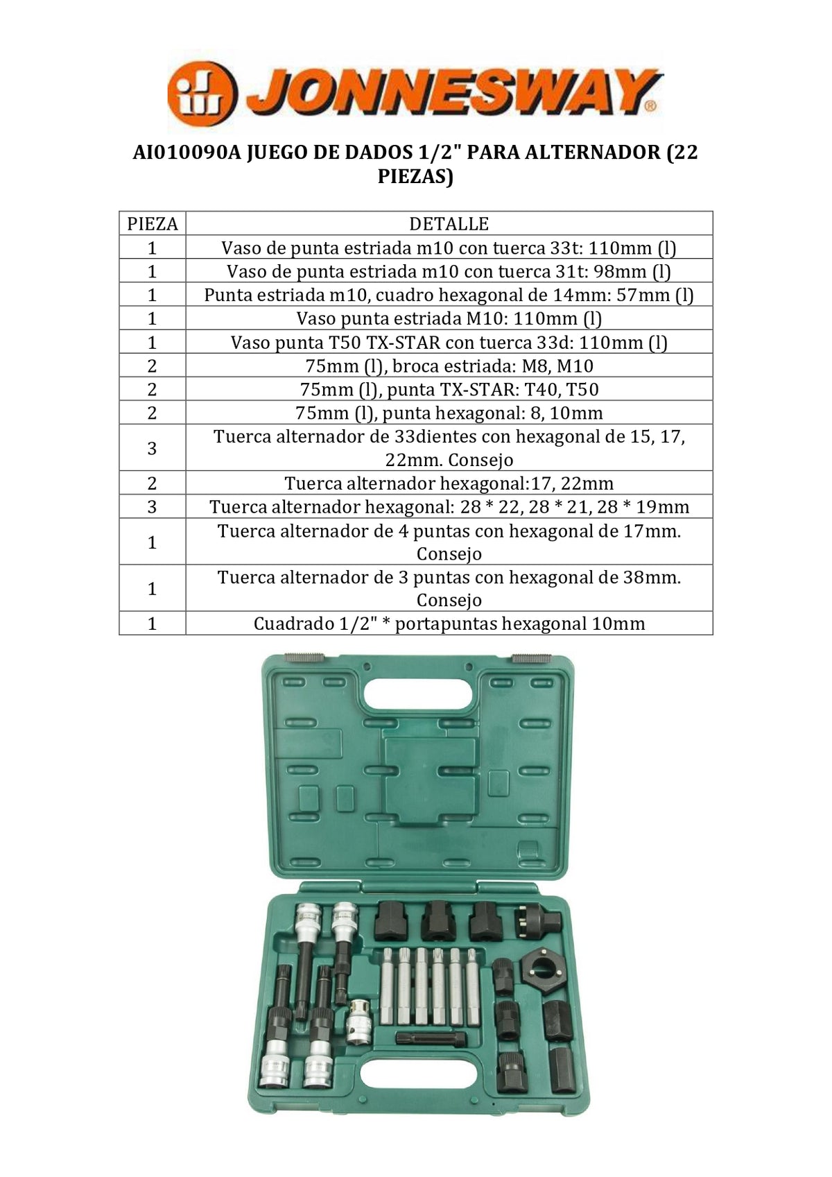 JONNESWAY® JUEGO DE DADOS 1/2" PARA ALTERNADOR (22 PIEZAS)